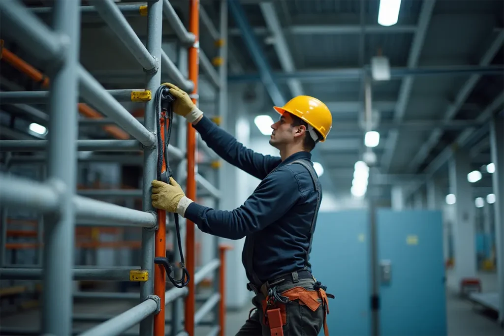 Electricista arma un andamio para instalar sus lámparas