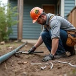 Electricista profesional trabaja instalando tierra de protección